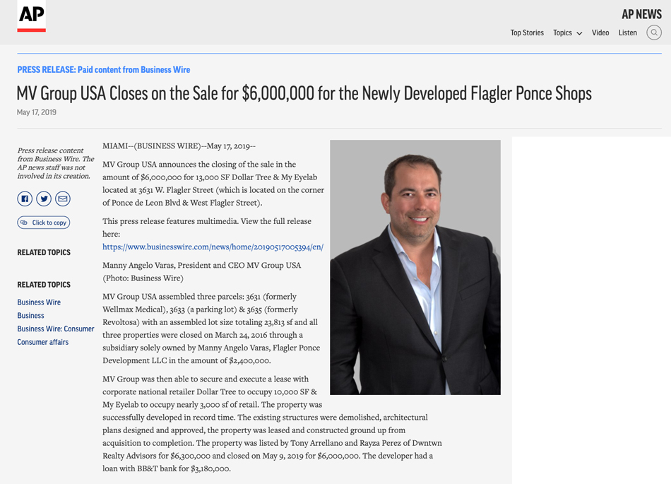 Ap News – MV Group Usa Closes on the Sale for $6,000,000 for the Newly Developed Flagler Ponce Shops