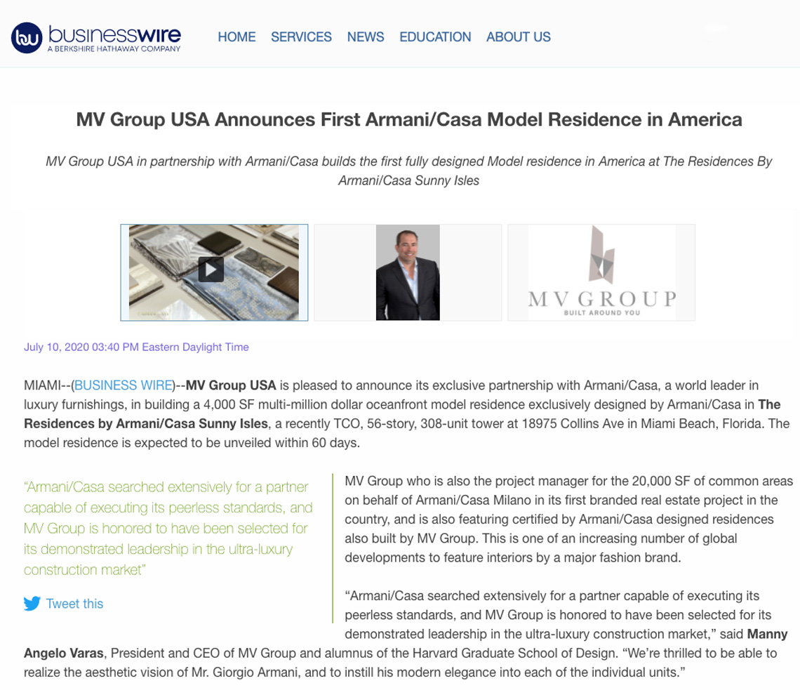 Businesswire – MV Group Usa Announces First Armani/casa Model Residence in America