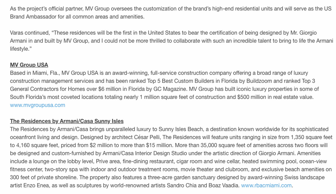 Businesswire – MV Group Usa Announces First Armani/casa Model Residence in America