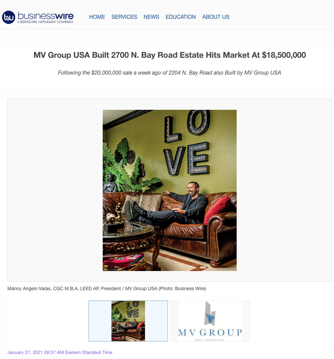 Businesswire – MV Group Usa Built 2700 N. Bay Road Estate Hits Market at $18,500,000