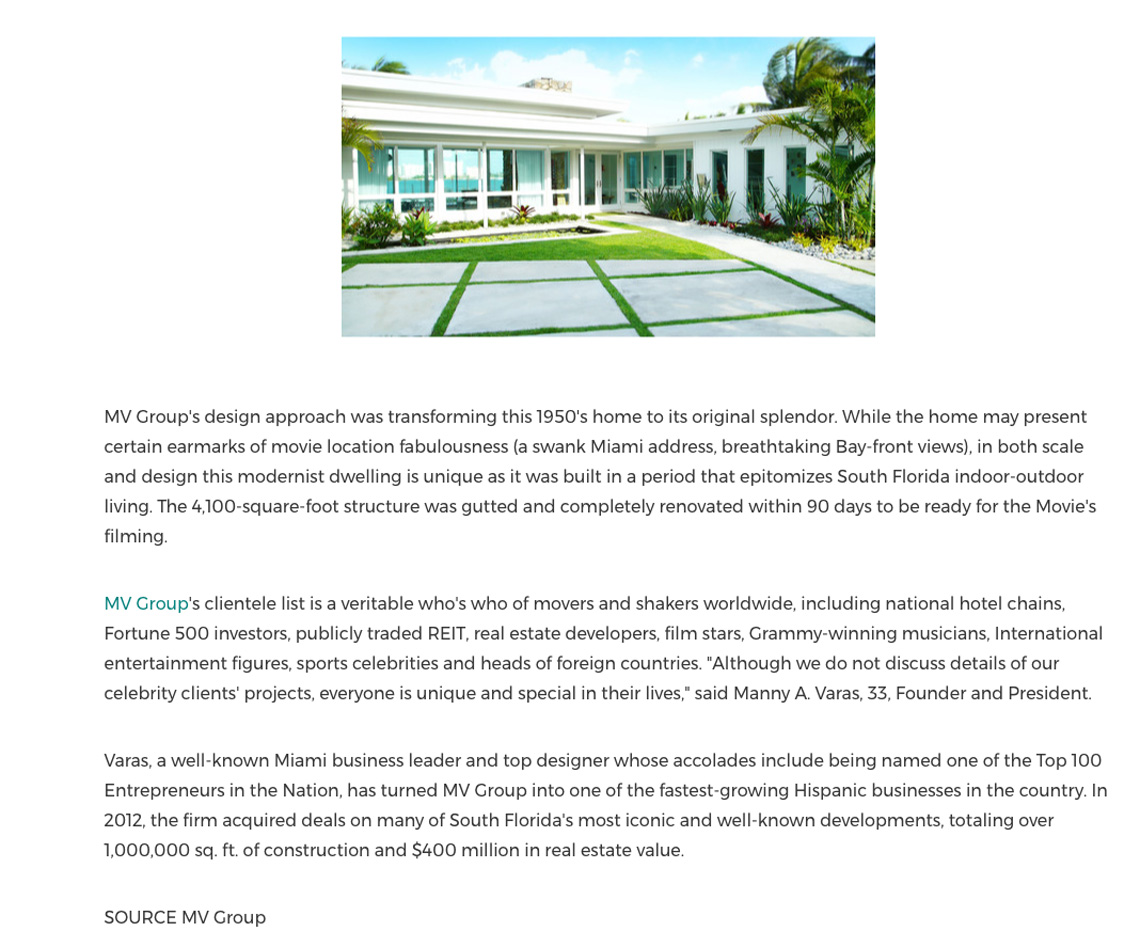 Cision Pr Newswire – Michael Bay Selects MV Group Design Builder to the Stars as the Featured Mansion for the Film ‘pain and Gain’