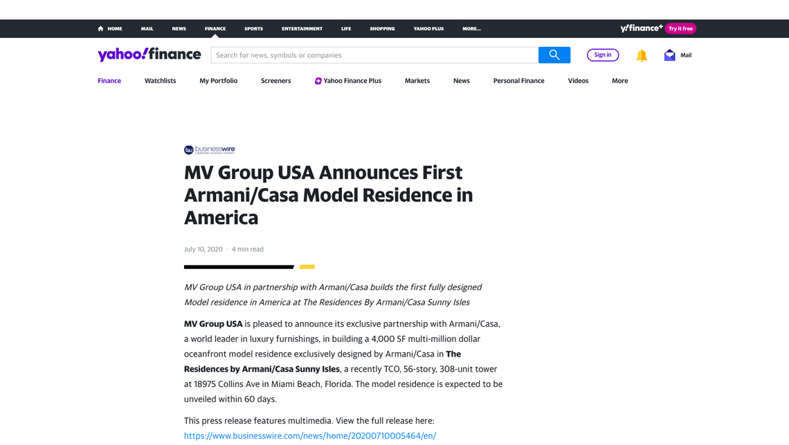 Yahoo Finance – MV Group Usa Announces First Armani/casa Model Residence in America