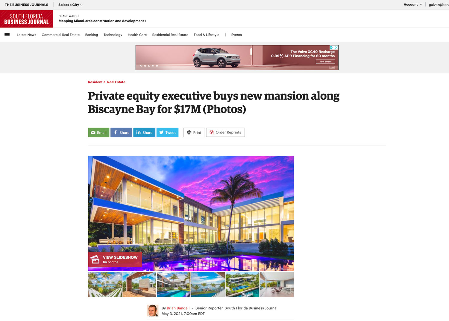 South Florida Business Journal: Ejecutivo De Capital Privado Compra Una Nueva Mansion a Lo Largo De La Bahia De Biscayne Por $ 17 Millones