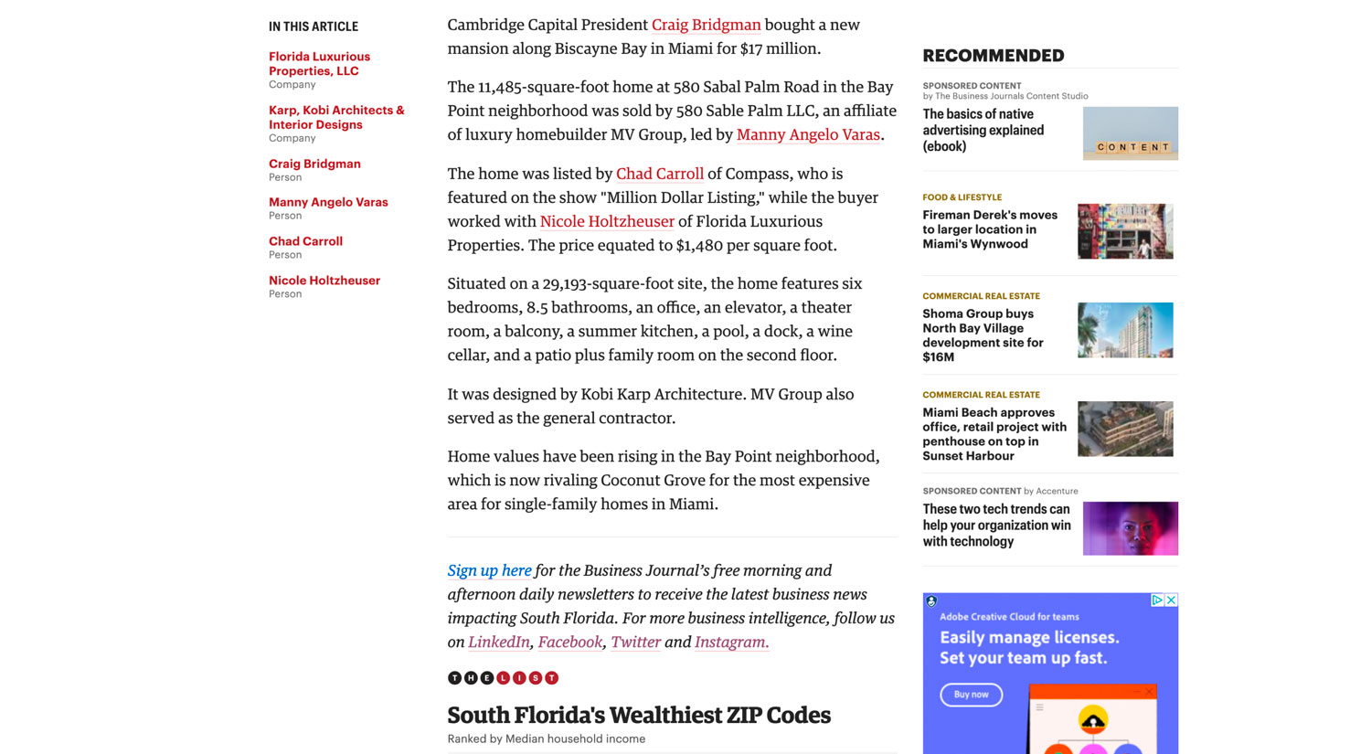 South Florida Business Journal: Ejecutivo De Capital Privado Compra Una Nueva Mansion a Lo Largo De La Bahia De Biscayne Por $ 17 Millones