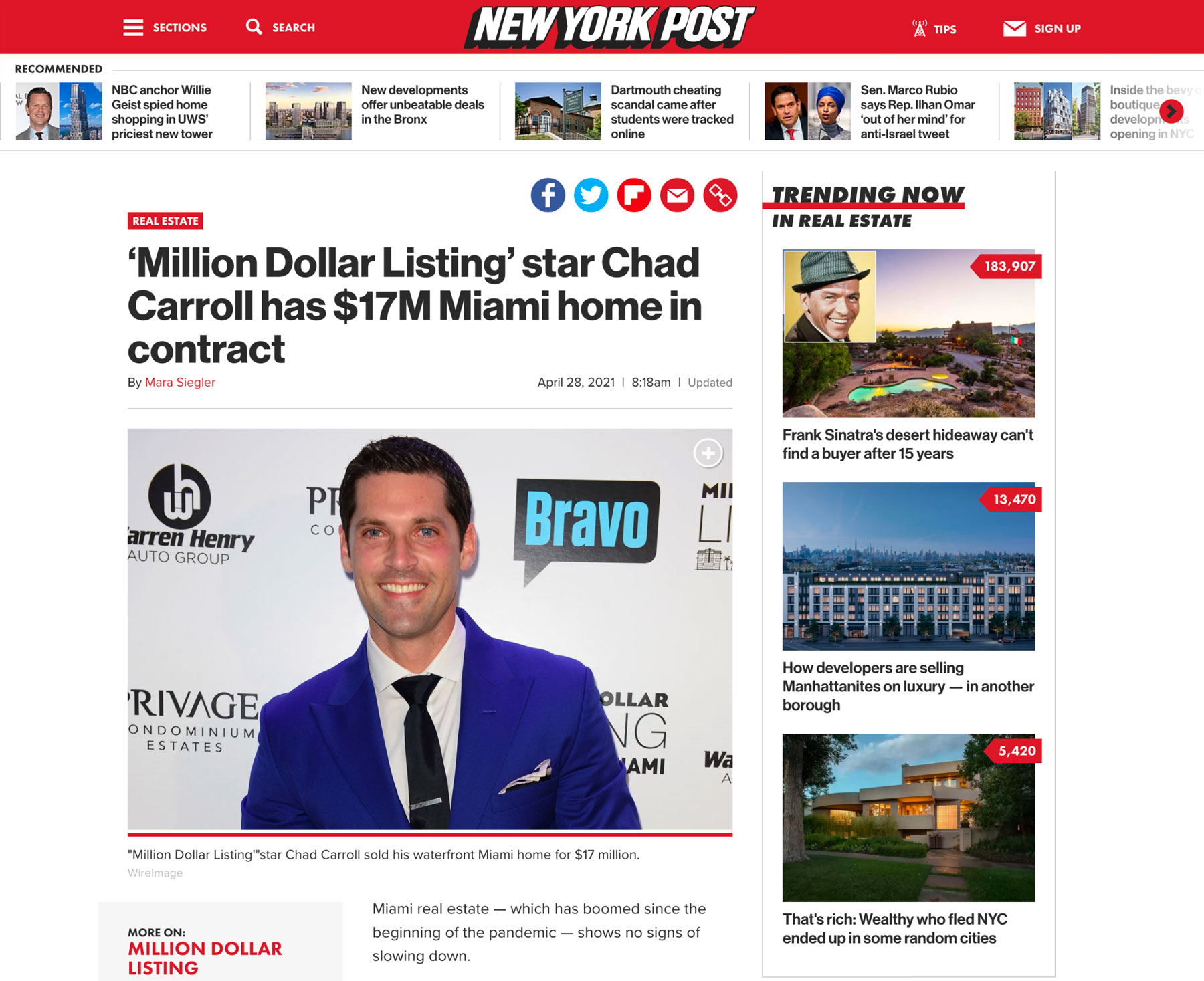 Ny Post – La Estrella De ‘million Dollar Listing’ Chad Carroll Tiene Una Casa De $ 17m en Miami en Contrato