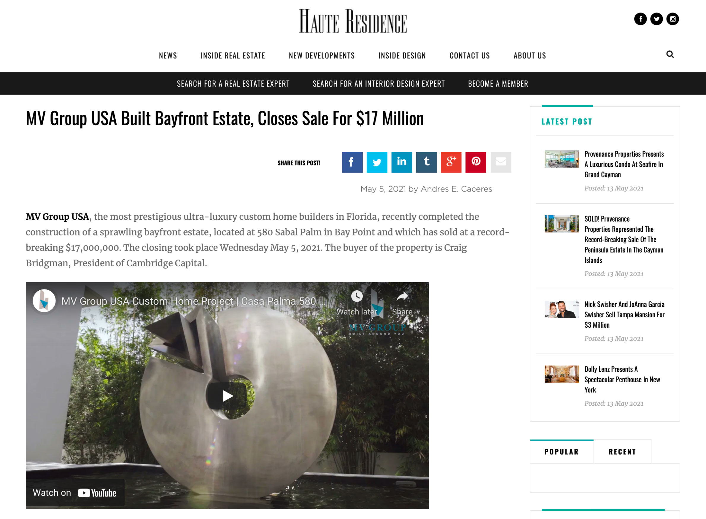 Haute Residence – MV Group Usa Built Bayfront Estate, Closes Sale for $17 Million