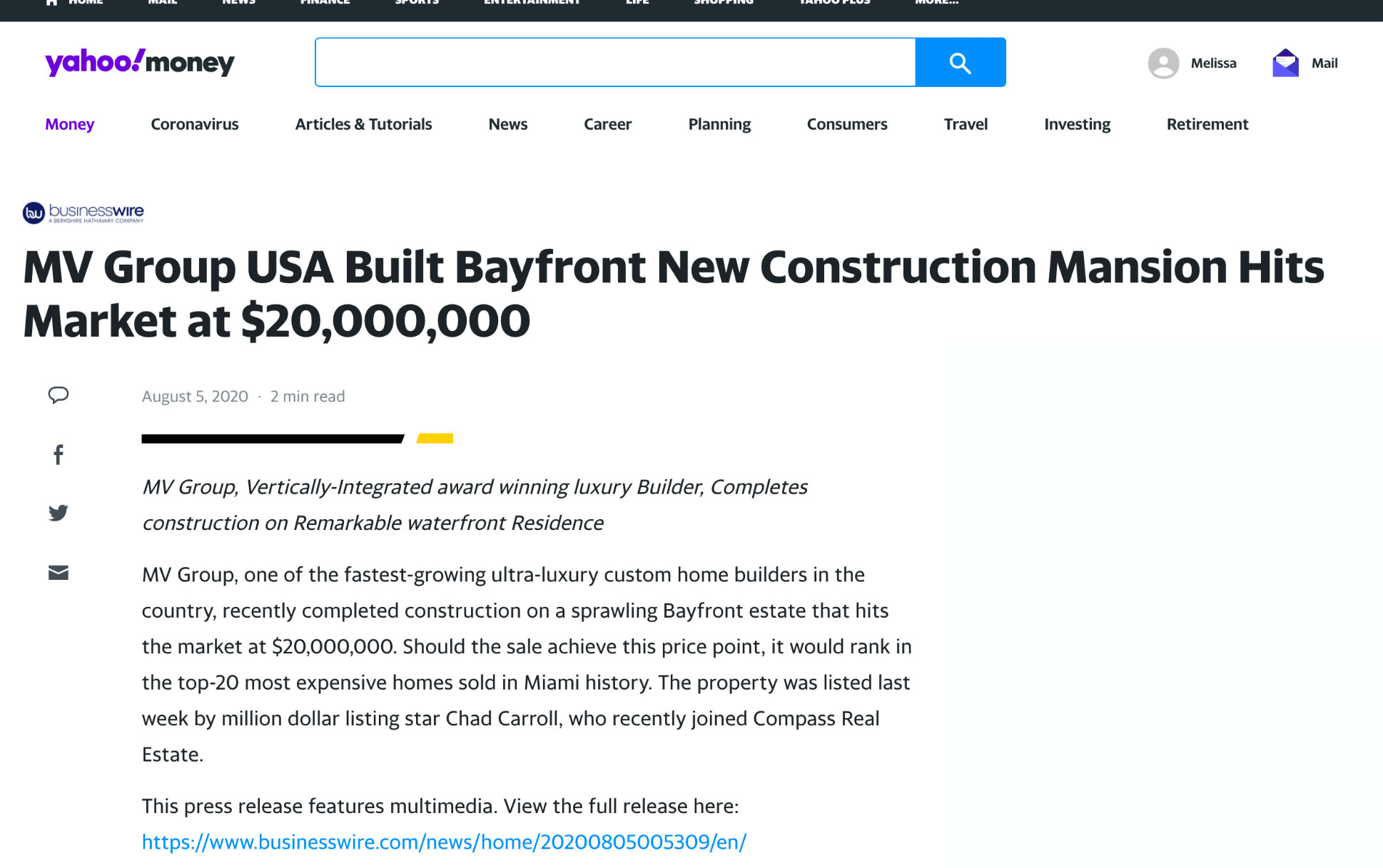 Yahoo – MV Group Usa Built Bayfront New Construction Mansion Hits Market at $20,000,000