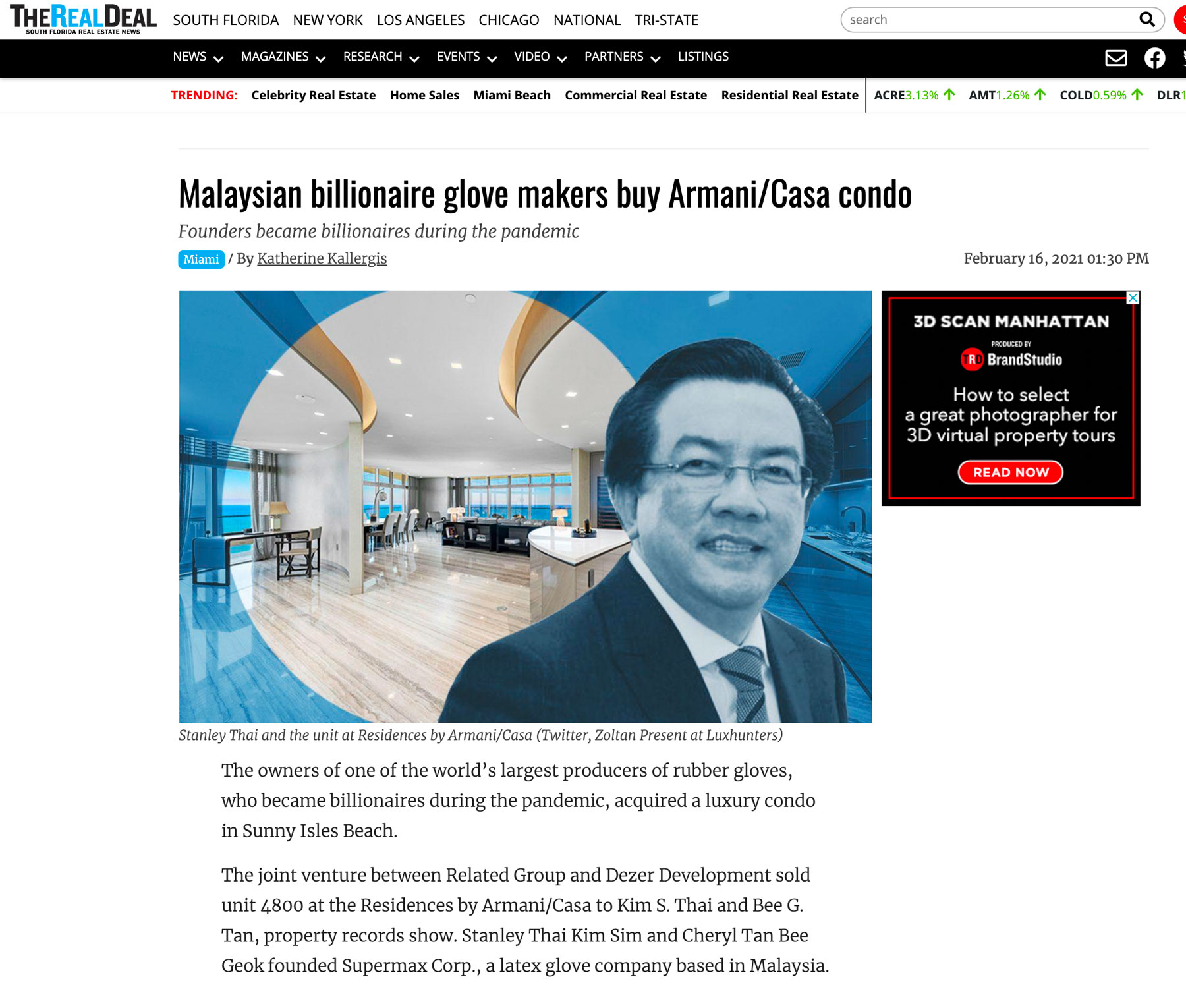 The Real Deal – Malaysian Billionaire Glove Makers Buy Armani/casa Condo