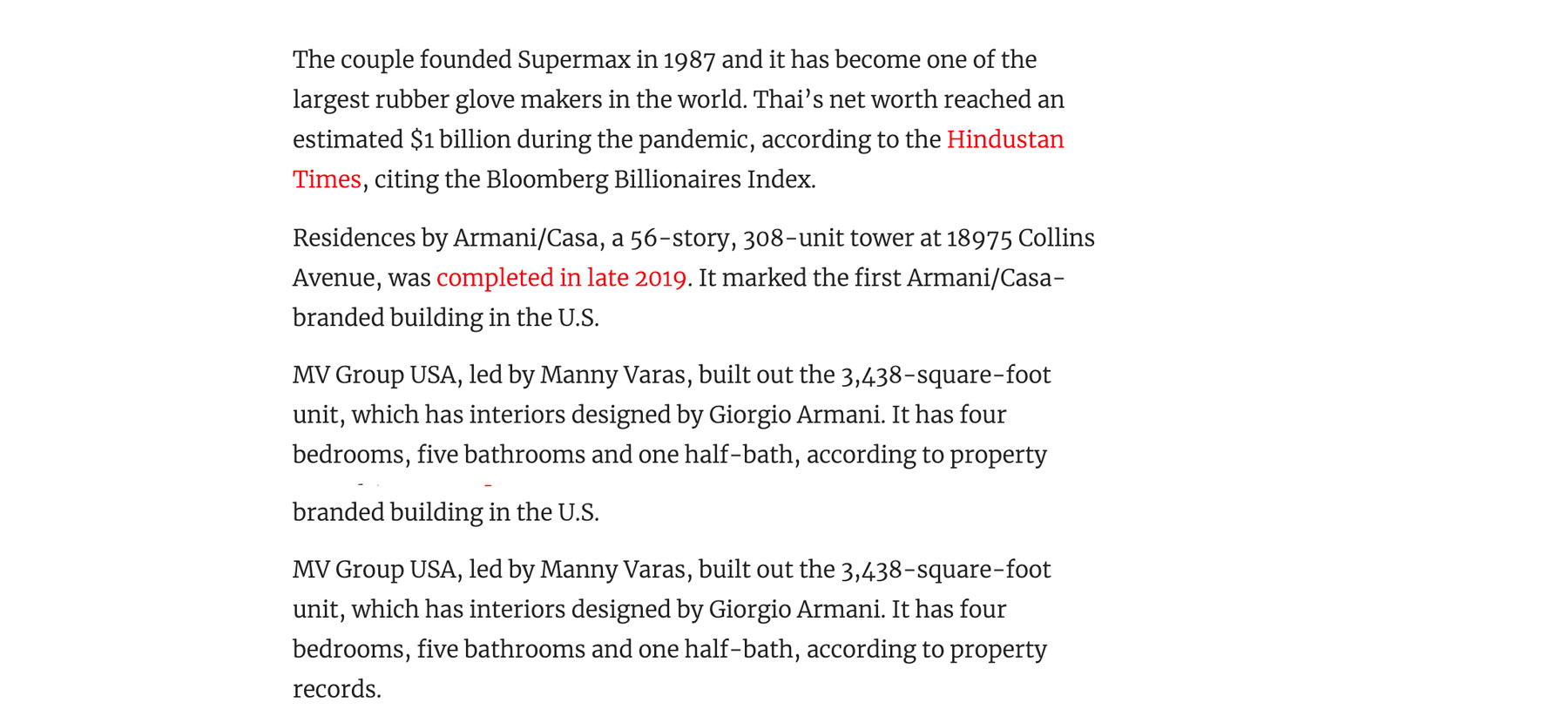 The Real Deal: Los Multimillonarios Fabricantes De Guantes De Malasia Compran El Condominio Armani / Casa