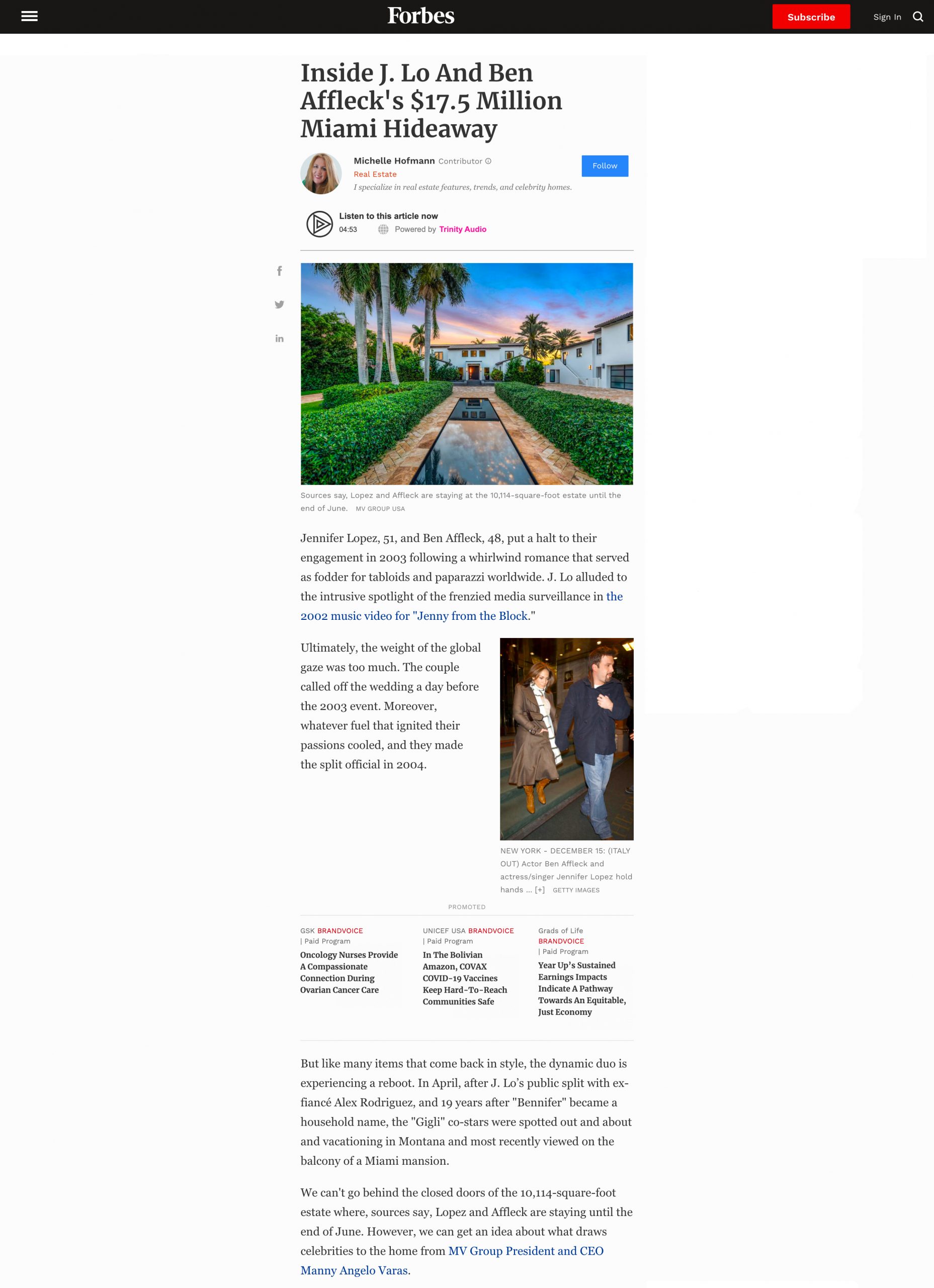 Forbes – Inside J. Lo And Ben Affleck’s $17.5 Million Miami Hideaway