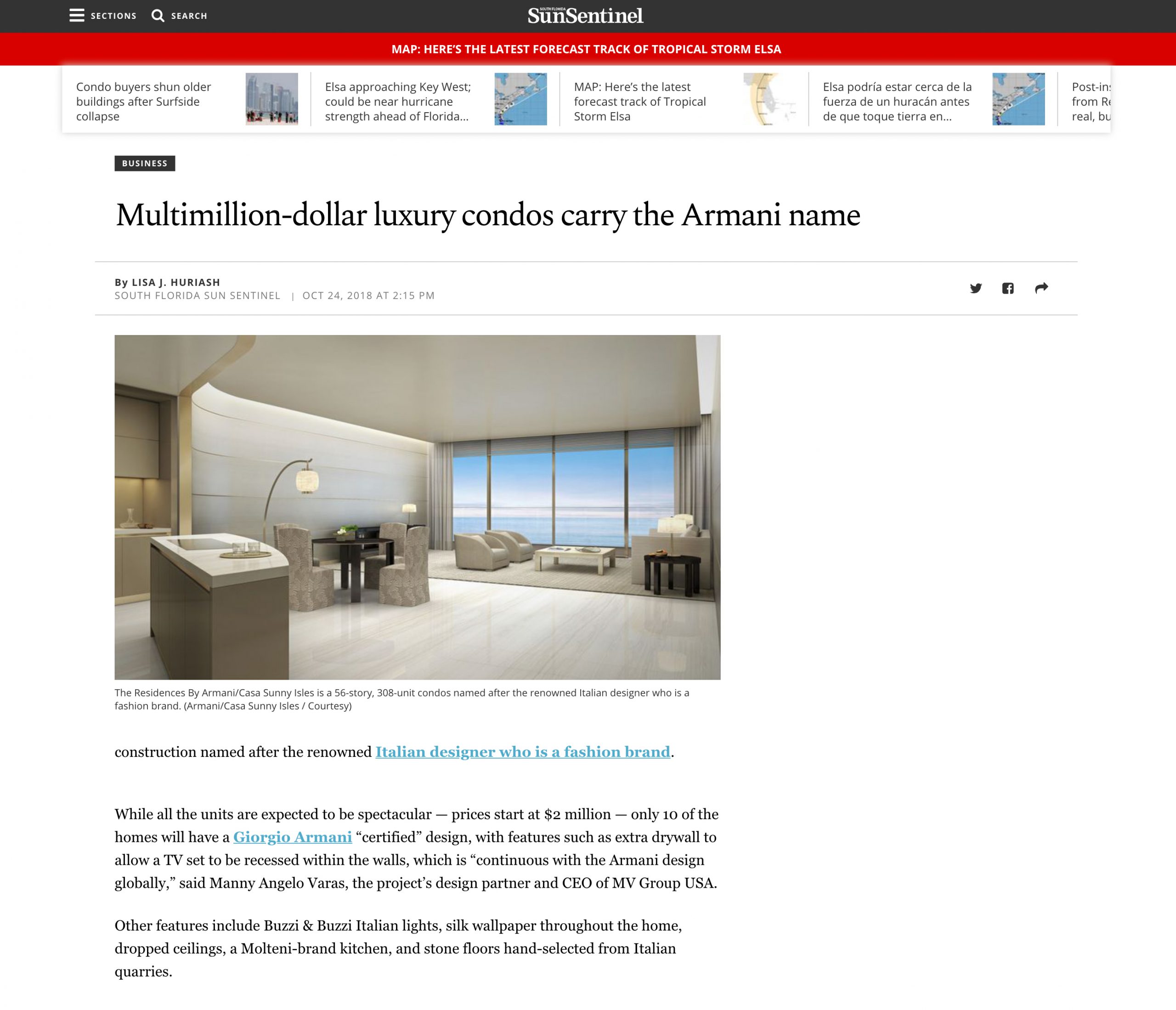 SunSentinel – Multimillion-dollar luxury condos carry the Armani name