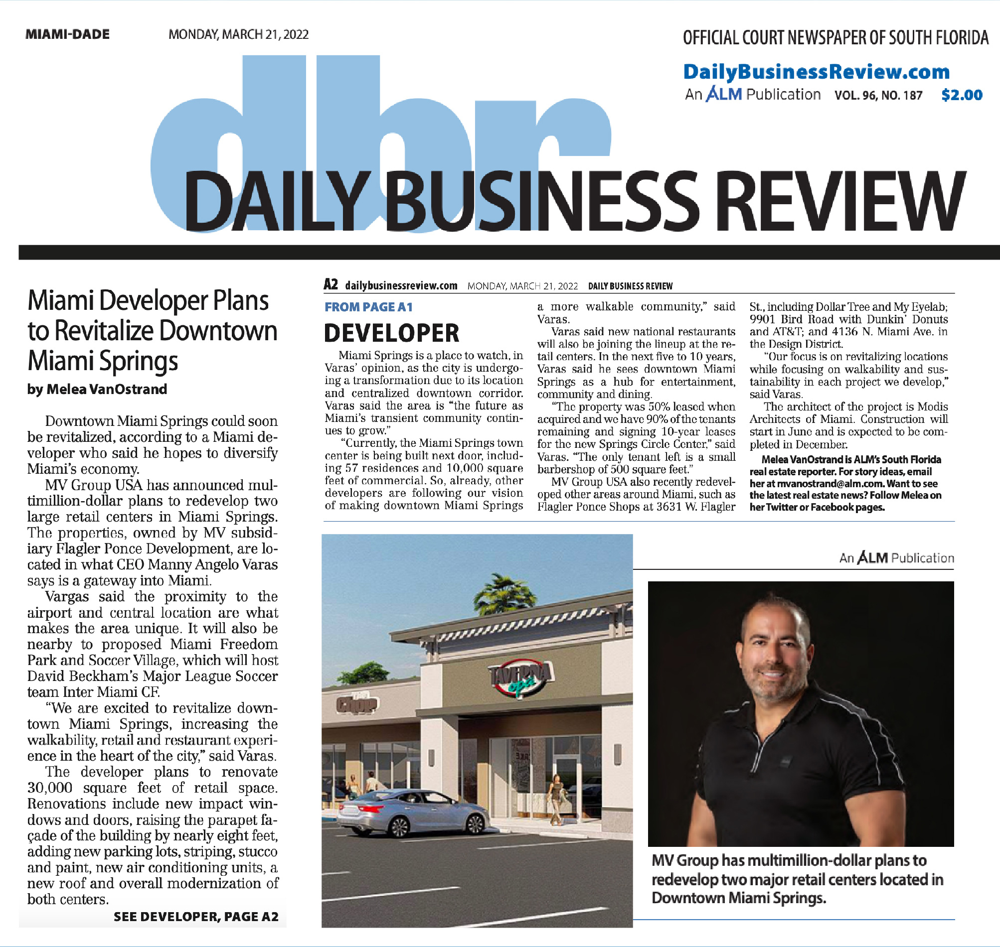 Daily Business Review – Miami Developer Plans to Revitalize Downtown Miami Springs