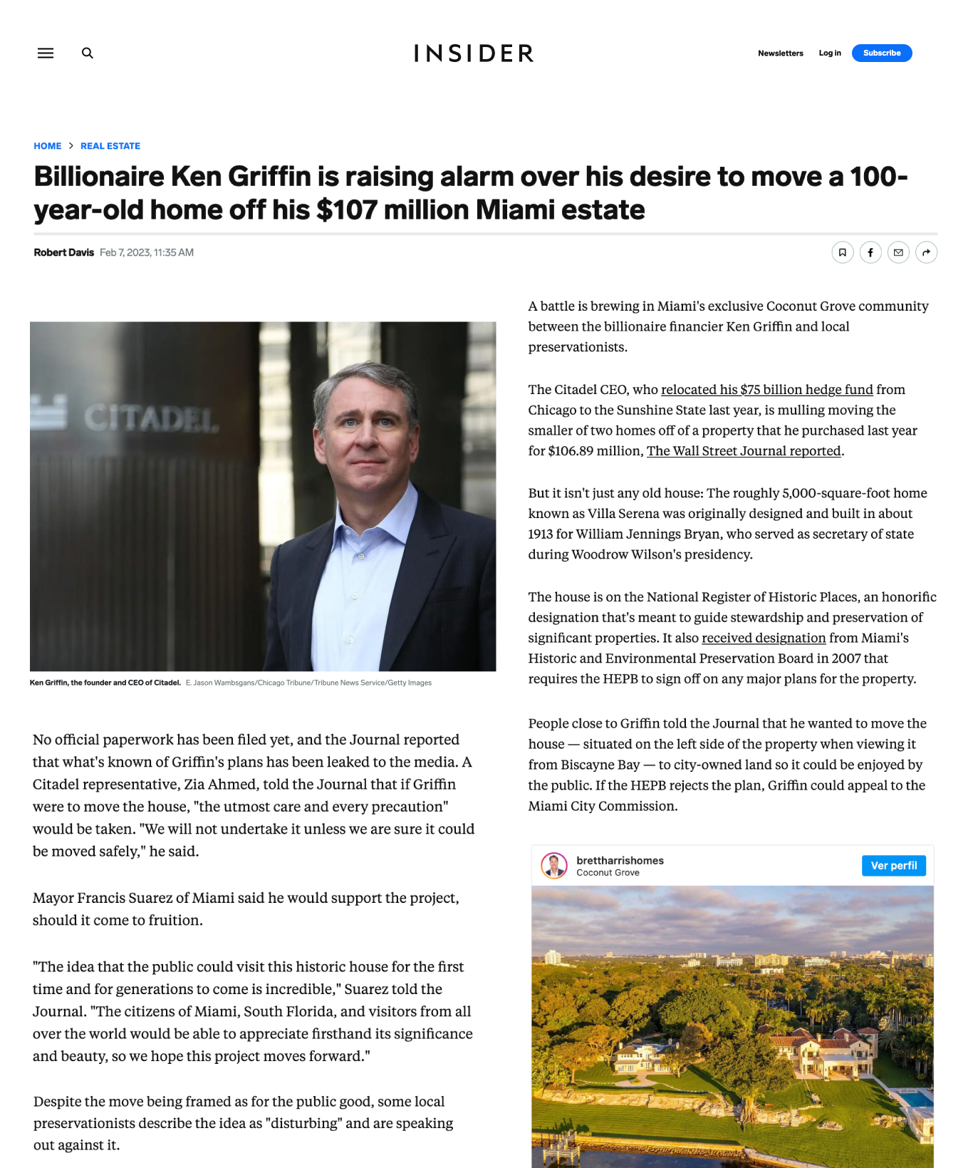 Billionaire Ken Griffin is raising alarm over his desire to move a 100-year-old home off his $107 million Miami estate