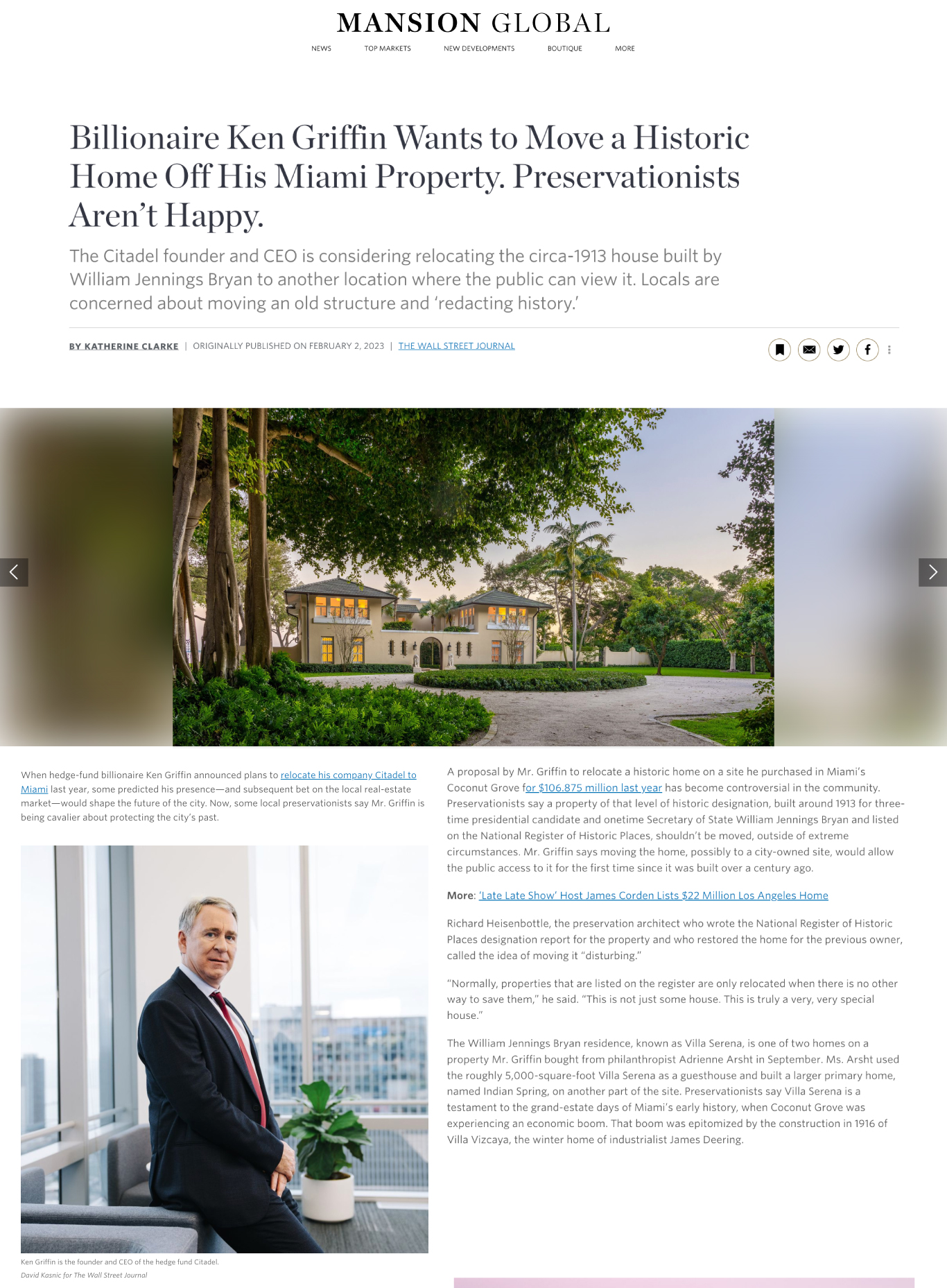Billionaire Ken Griffin Wants to Move a Historic Home Off His Miami Property. Preservationists Aren’t Happy.